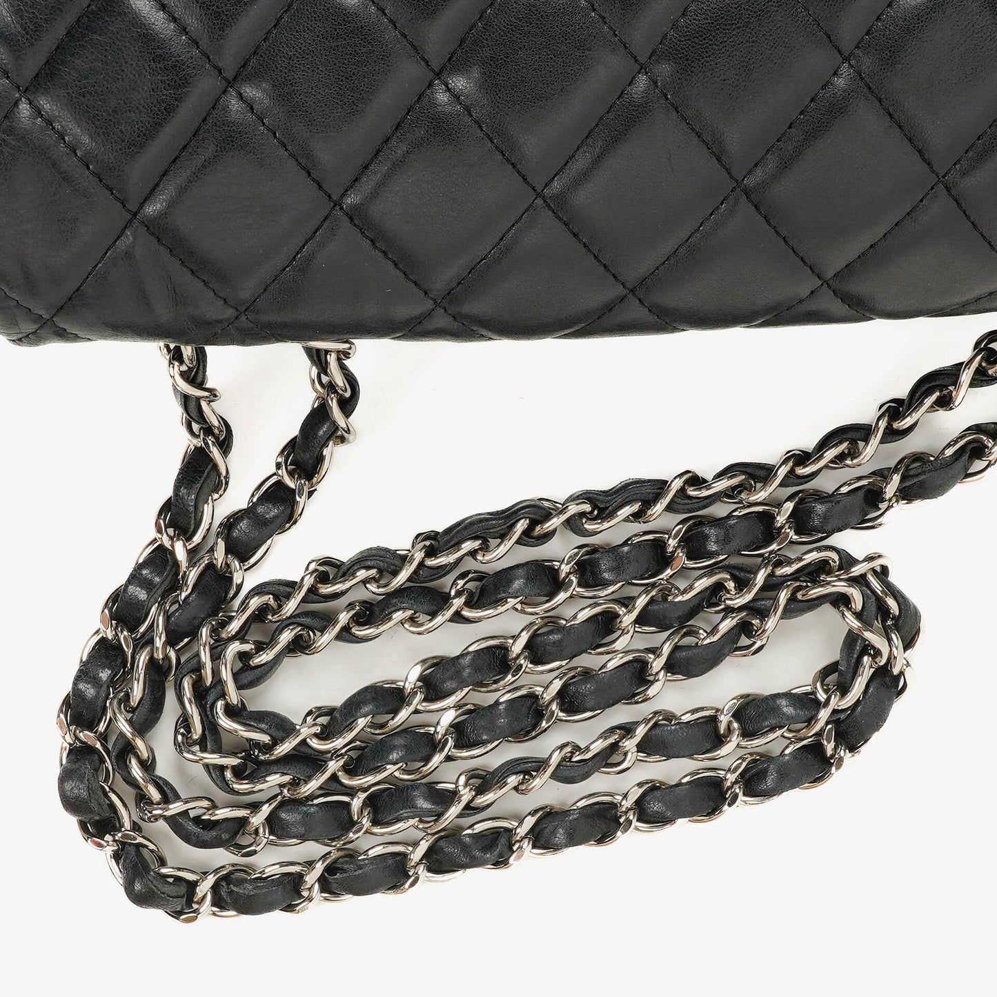 Chanel Jumbo Classic Single Flap Tasche aus schwarzem gestepptem Leder mit silberfarbener Hardware