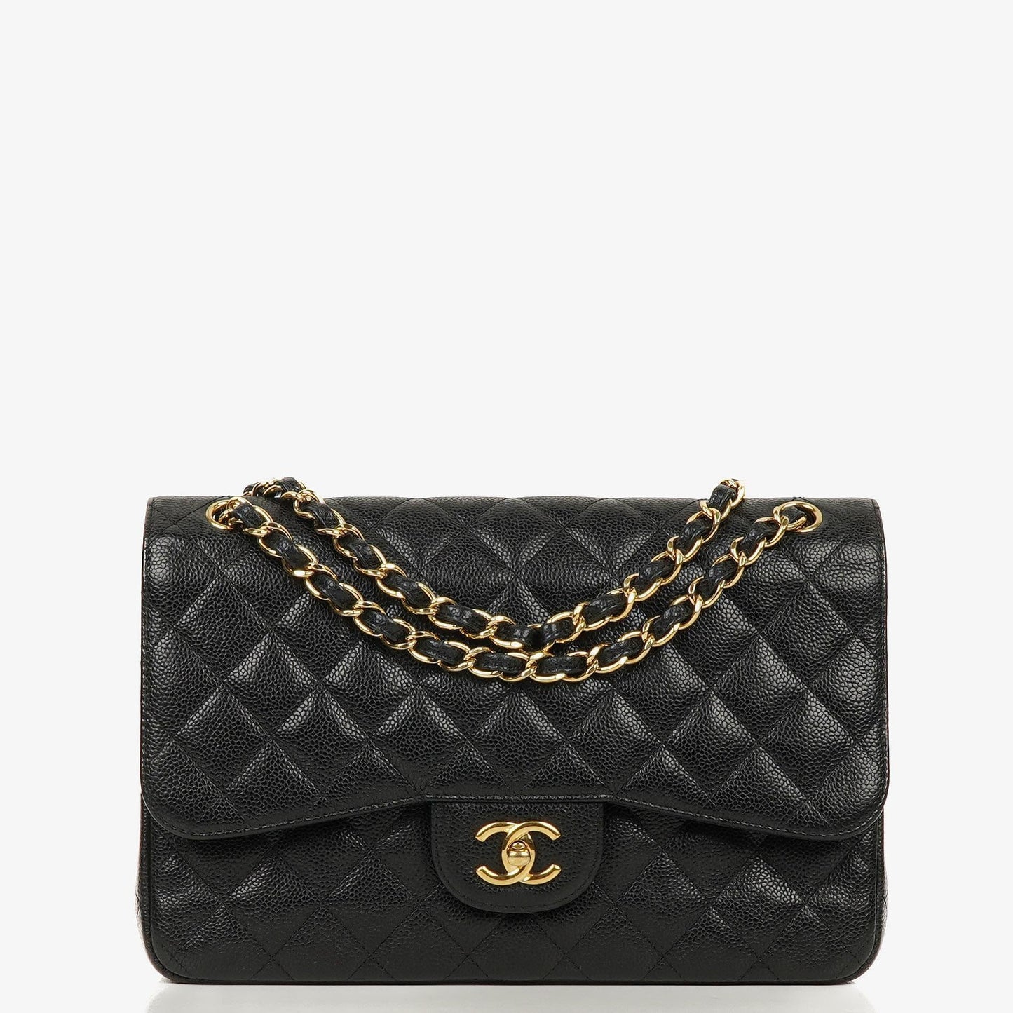 Chanel Jumbo Classic Double Flap Tasche aus schwarzem gestepptem Kaviarleder mit goldfarbenen Beschlägen