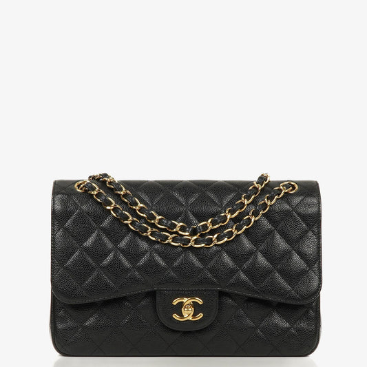 Chanel Jumbo Classic Double Flap Tasche aus schwarzem gestepptem Kaviarleder mit goldfarbenen Beschlägen