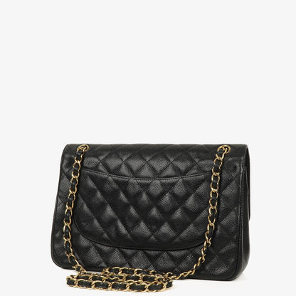 Chanel Jumbo Classic Double Flap Tasche aus schwarzem gestepptem Kaviarleder mit goldfarbenen Beschlägen
