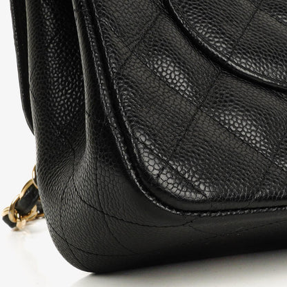 Chanel Jumbo Classic Double Flap Tasche aus schwarzem gestepptem Kaviarleder mit goldfarbenen Beschlägen