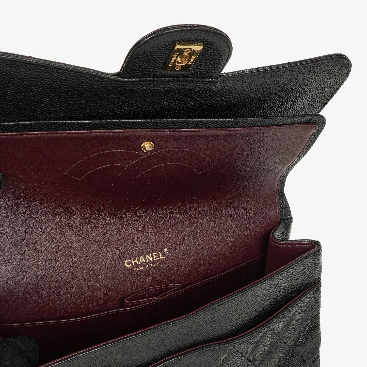 Chanel Jumbo Classic Double Flap Tasche aus schwarzem gestepptem Kaviarleder mit goldfarbenen Beschlägen