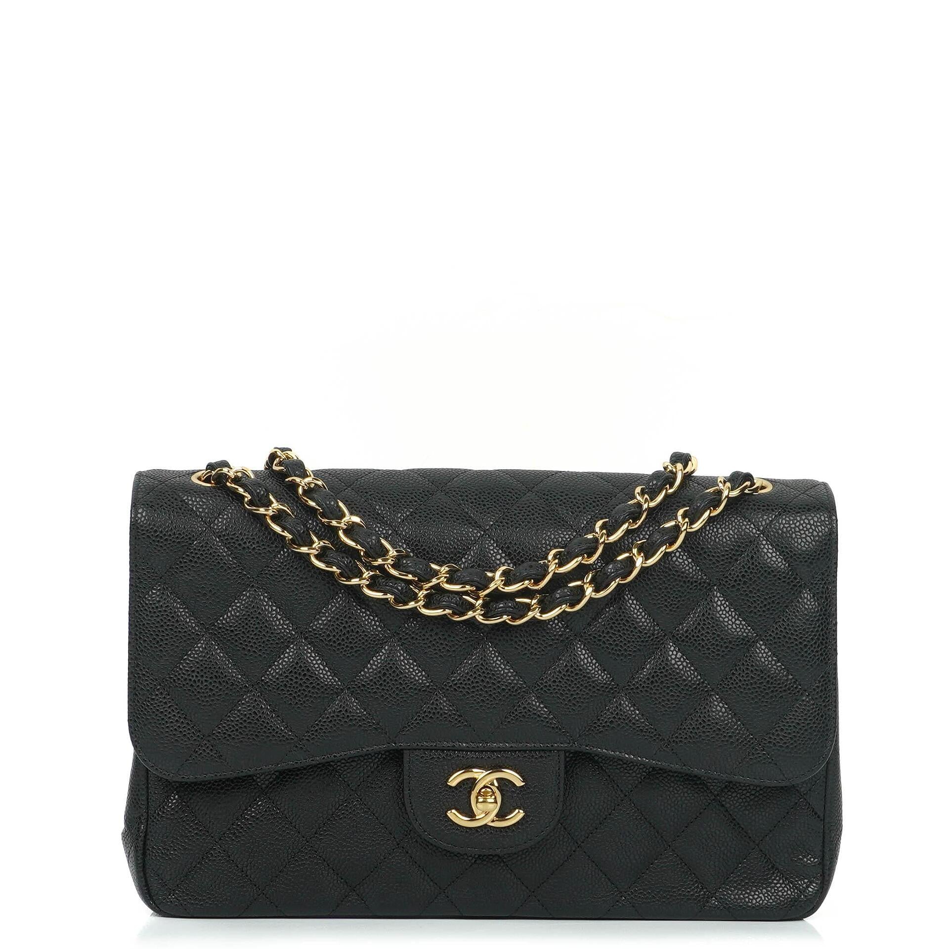 Chanel Jumbo Classic Schwarze Gequiltete Kaviar Double Flap Bag Gold-Beschläge