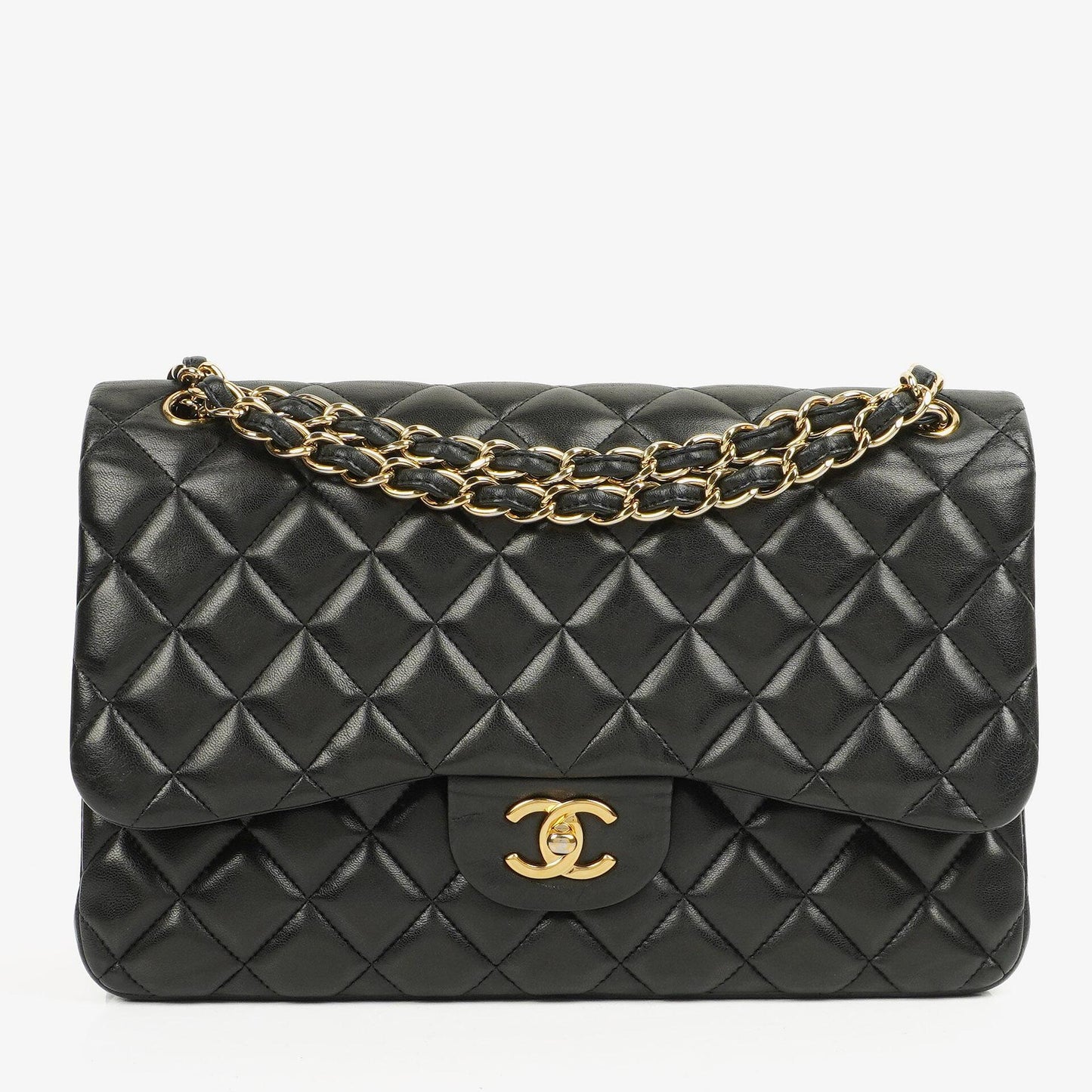 Chanel Jumbo Classic Double Flap Tasche aus schwarzem gestepptem Lammleder mit goldfarbener Hardware
