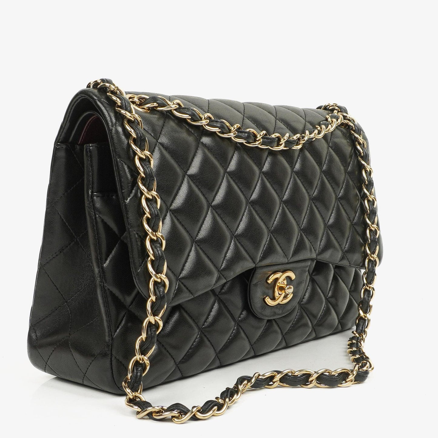 Chanel Jumbo Classic Double Flap Tasche aus schwarzem gestepptem Lammleder mit goldfarbener Hardware