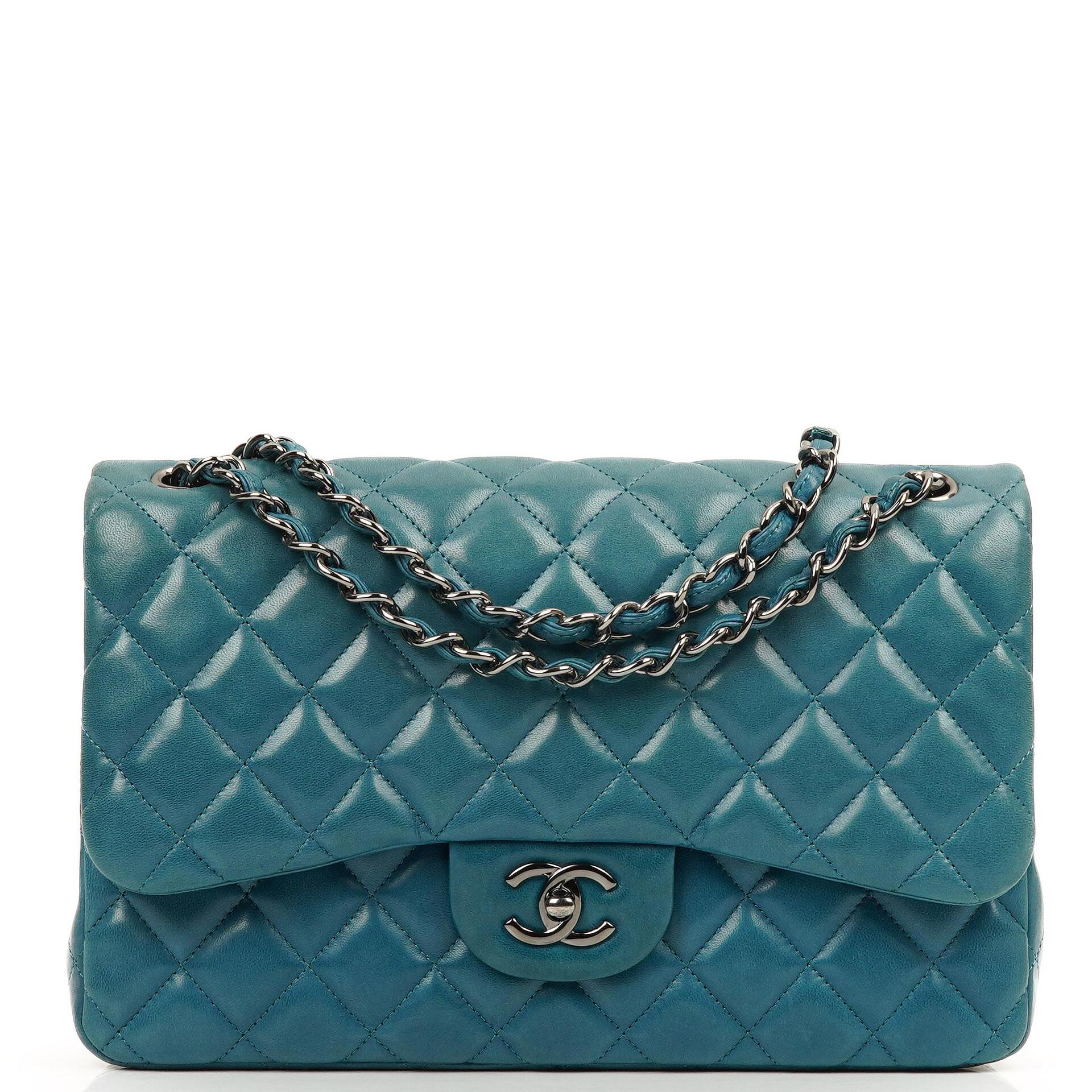 Chanel Classic Jumbo Double Flap Tasche Blau Gestepptes Lammleder Mit Silberfarbener Hardware
