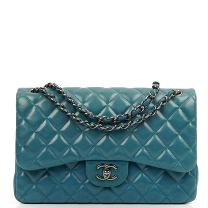 Chanel Classic Jumbo Double Flap Tasche Blau Gestepptes Lammleder Mit Silberfarbener Hardware