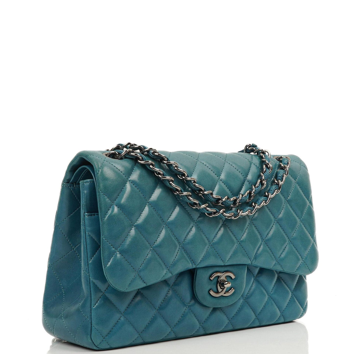 Chanel Classic Jumbo Double Flap Tasche Blau Gestepptes Lammleder Mit Silberfarbener Hardware
