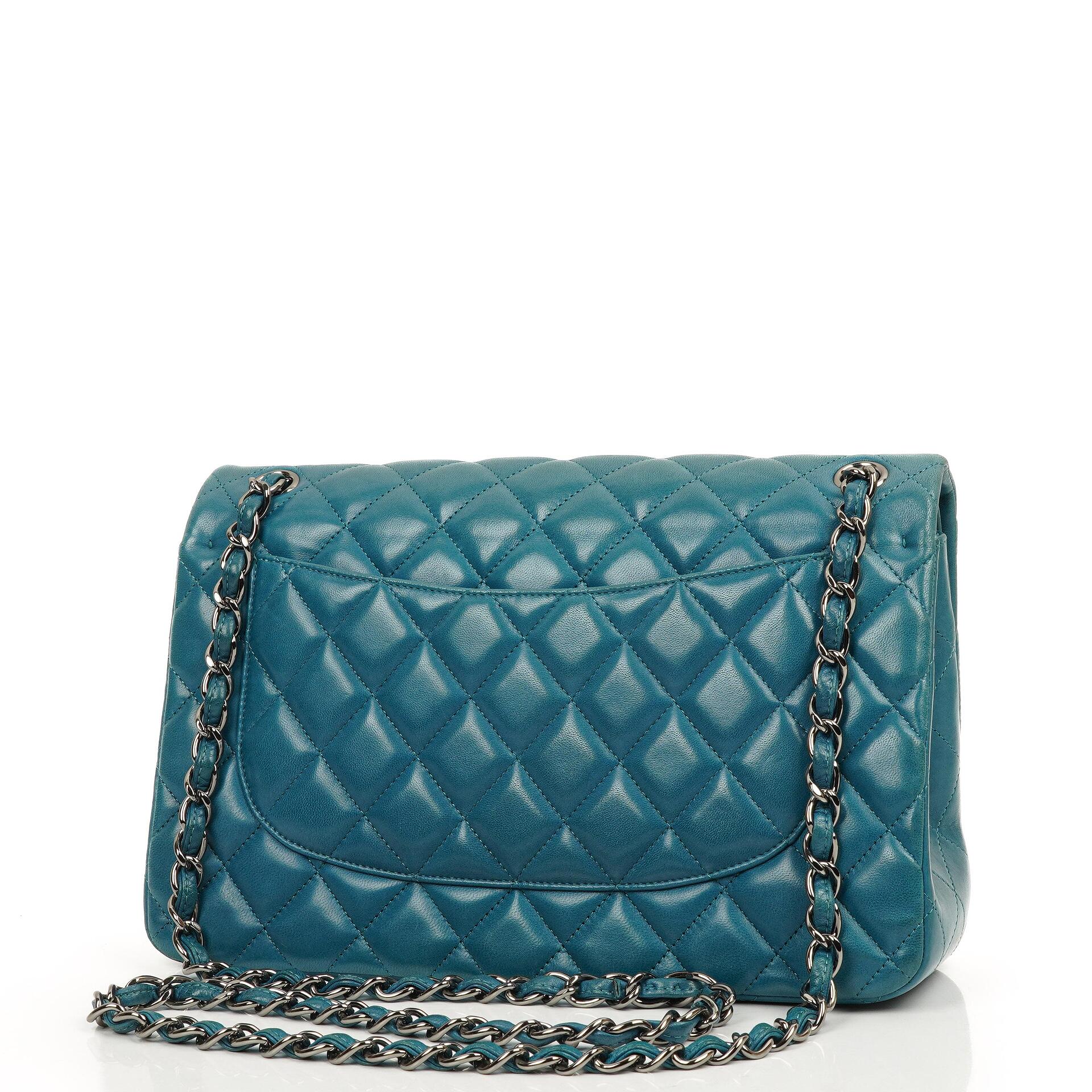 Chanel Classic Jumbo Double Flap Tasche Blau Gestepptes Lammleder Mit Silberfarbener Hardware