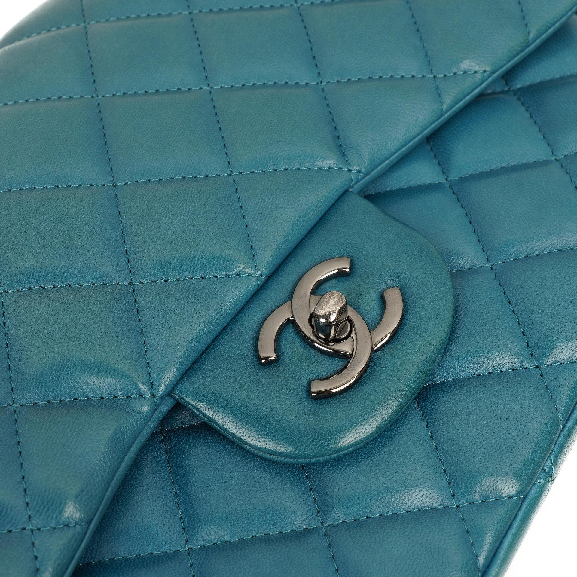 Chanel Classic Jumbo Double Flap Tasche Blau Gestepptes Lammleder Mit Silberfarbener Hardware