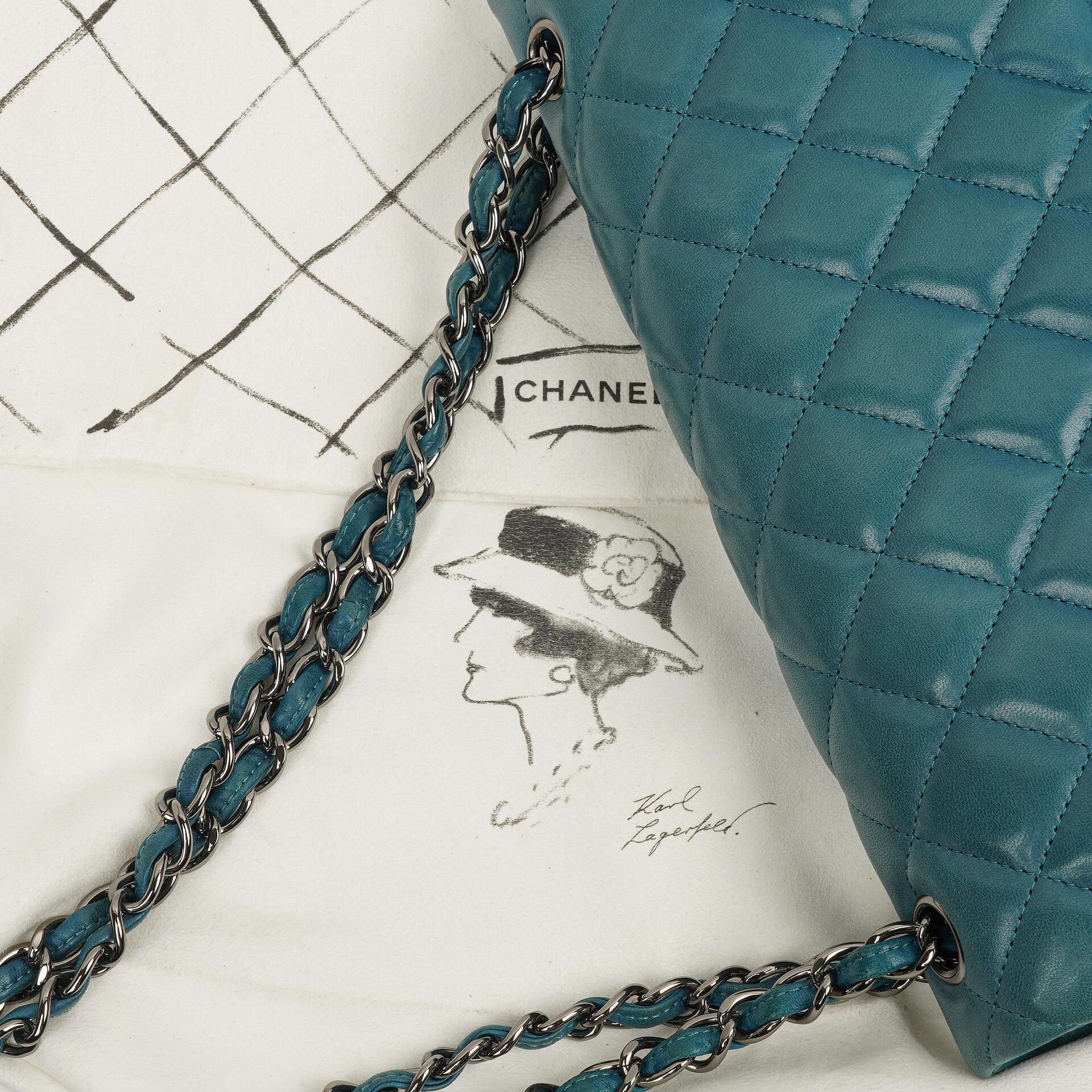 Chanel Classic Jumbo Double Flap Tasche Blau Gestepptes Lammleder Mit Silberfarbener Hardware