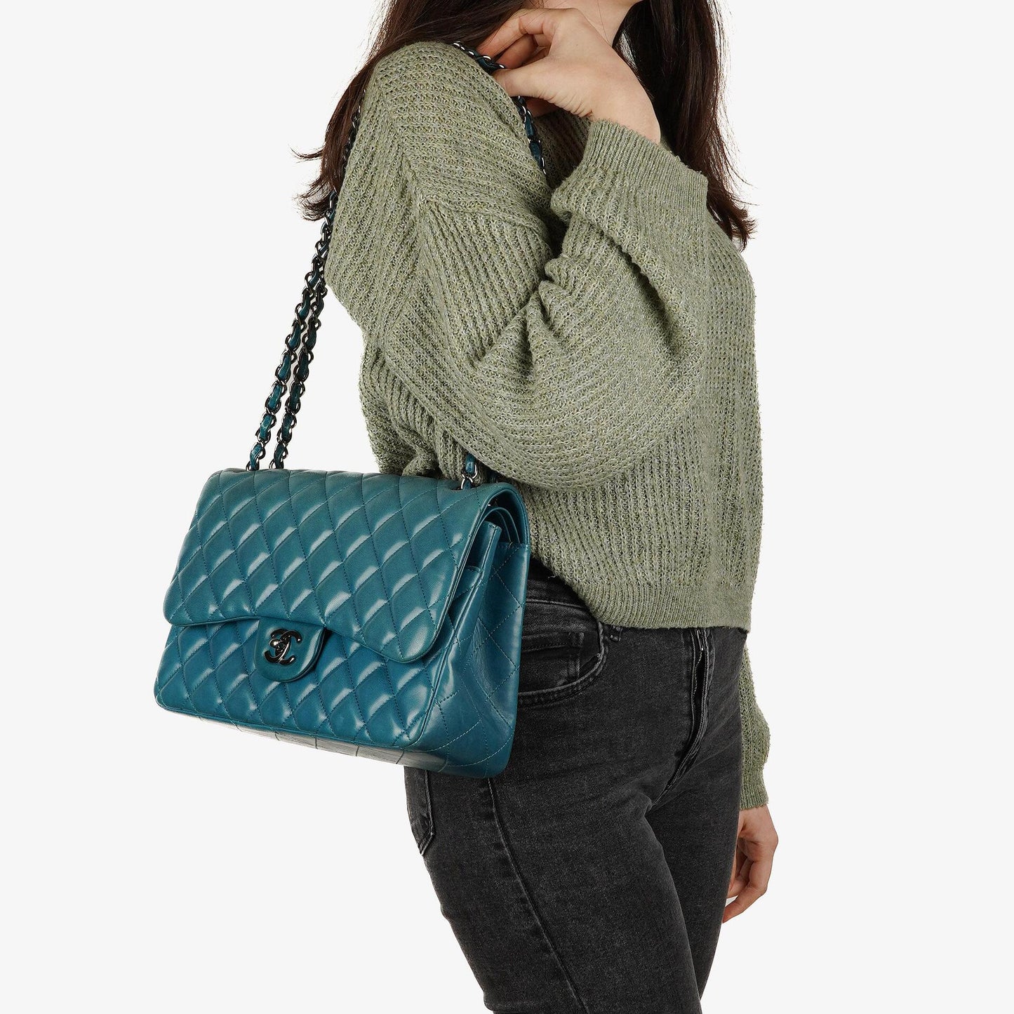 Chanel Classic Jumbo Double Flap Tasche Blau Gestepptes Lammleder Mit Silberfarbener Hardware