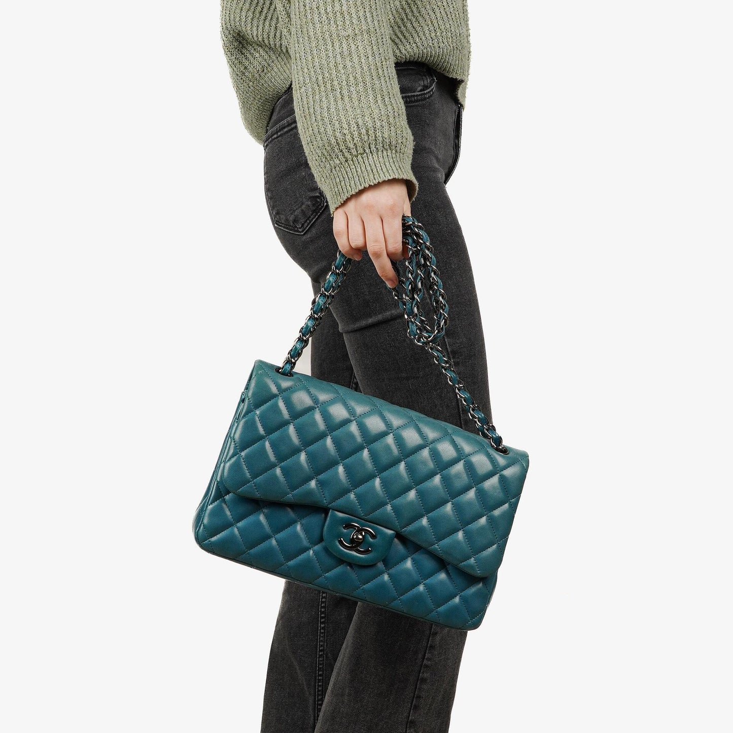 Chanel Classic Jumbo Double Flap Tasche Blau Gestepptes Lammleder Mit Silberfarbener Hardware
