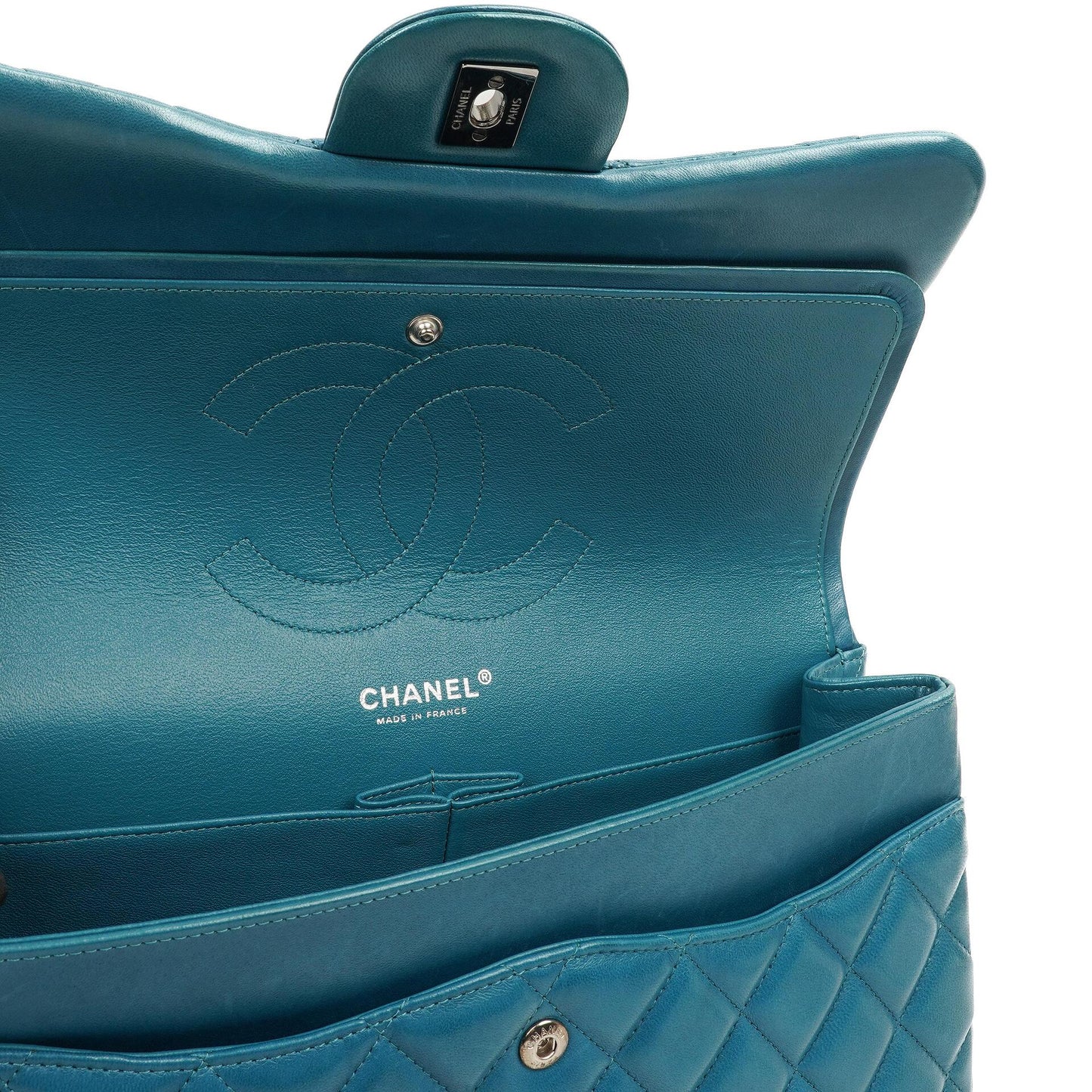 Chanel Classic Jumbo Double Flap Tasche Blau Gestepptes Lammleder Mit Silberfarbener Hardware