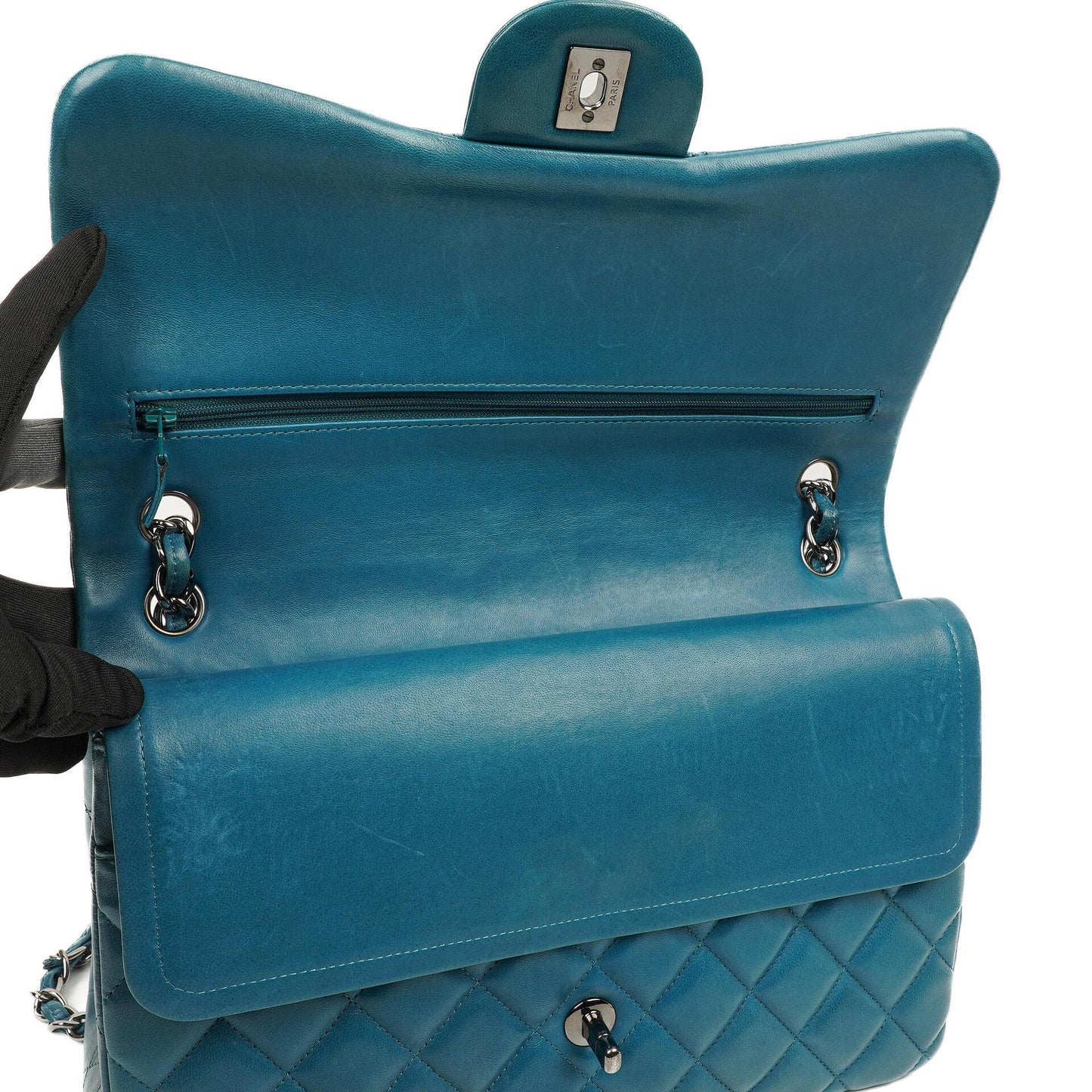 Chanel Classic Jumbo Double Flap Tasche Blau Gestepptes Lammleder Mit Silberfarbener Hardware