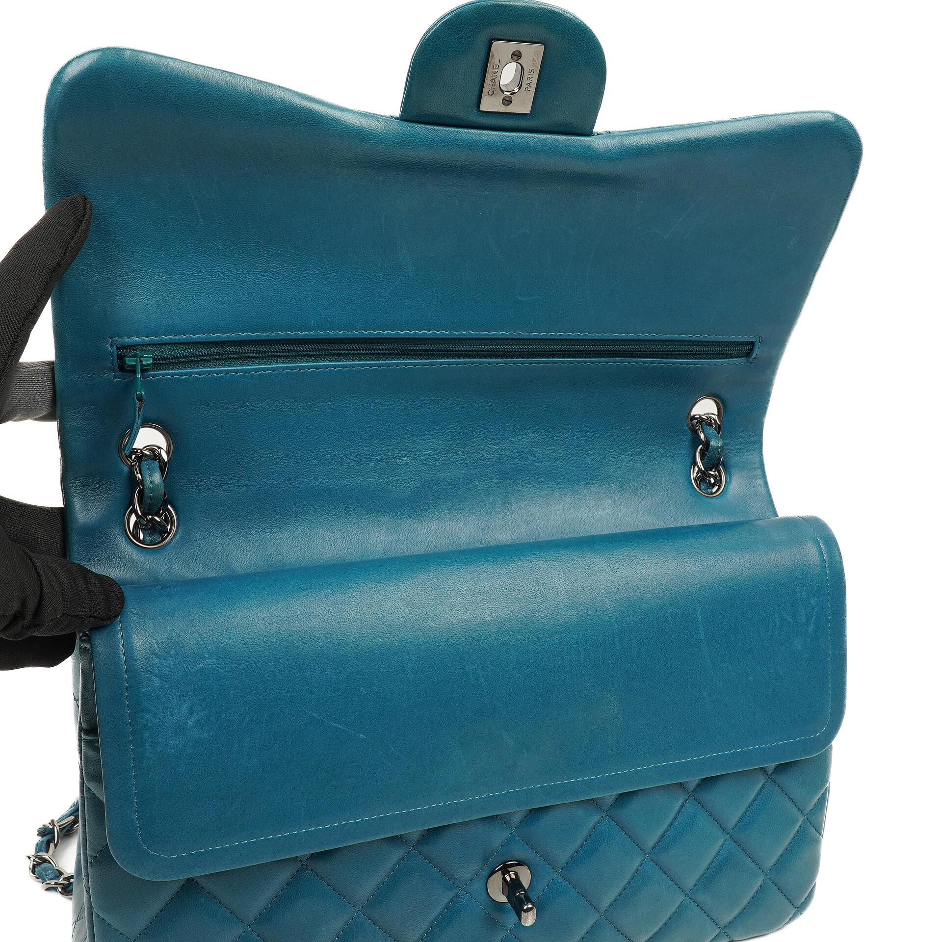 Chanel Classic Jumbo Double Flap Tasche Blau Gestepptes Lammleder Mit Silberfarbener Hardware