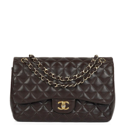 Chanel Jumbo Classic Double Flap Tasche aus braunem gestepptem Lammleder mit vergoldeter Hardware