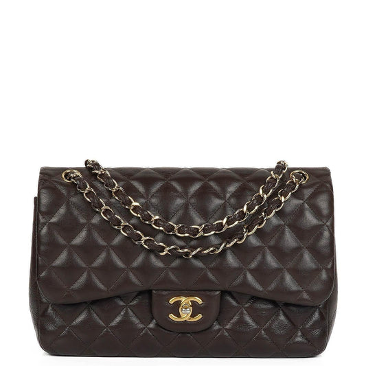 Chanel Jumbo Classic Double Flap Tasche aus braunem gestepptem Lammleder mit vergoldeter Hardware