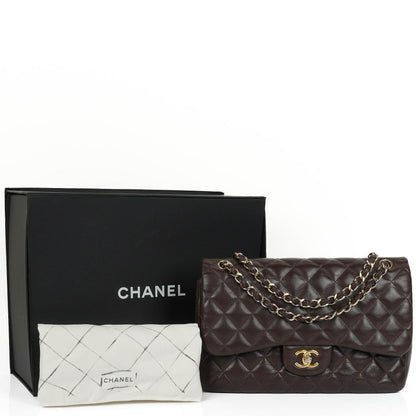 Chanel Jumbo Classic Double Flap Tasche aus braunem gestepptem Lammleder mit vergoldeter Hardware