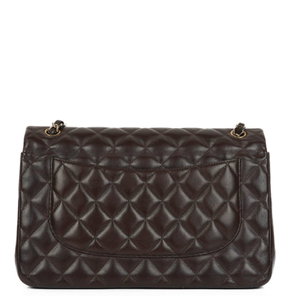 Chanel Jumbo Classic Double Flap Tasche aus braunem gestepptem Lammleder mit vergoldeter Hardware
