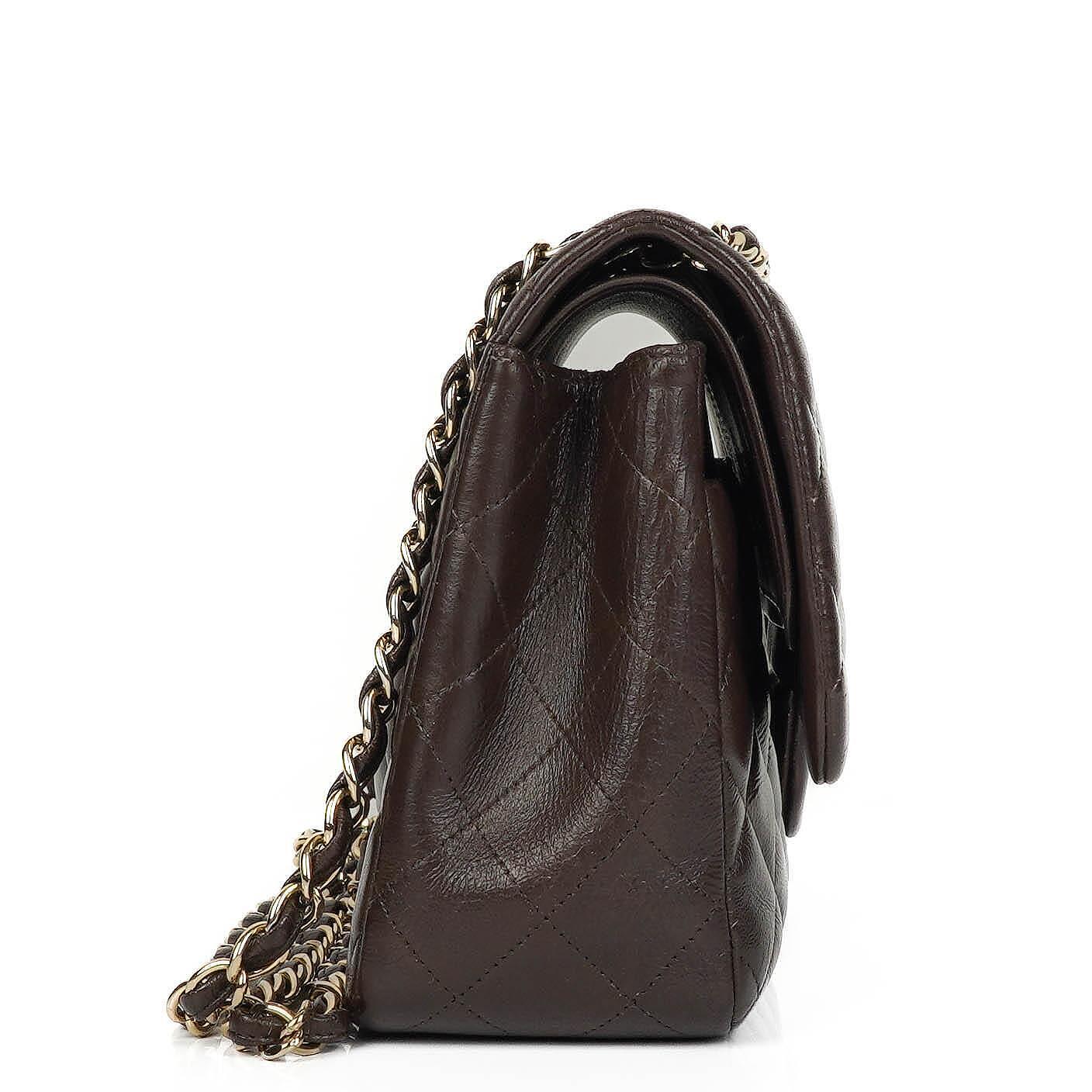 Chanel Jumbo Classic Double Flap Tasche aus braunem gestepptem Lammleder mit vergoldeter Hardware