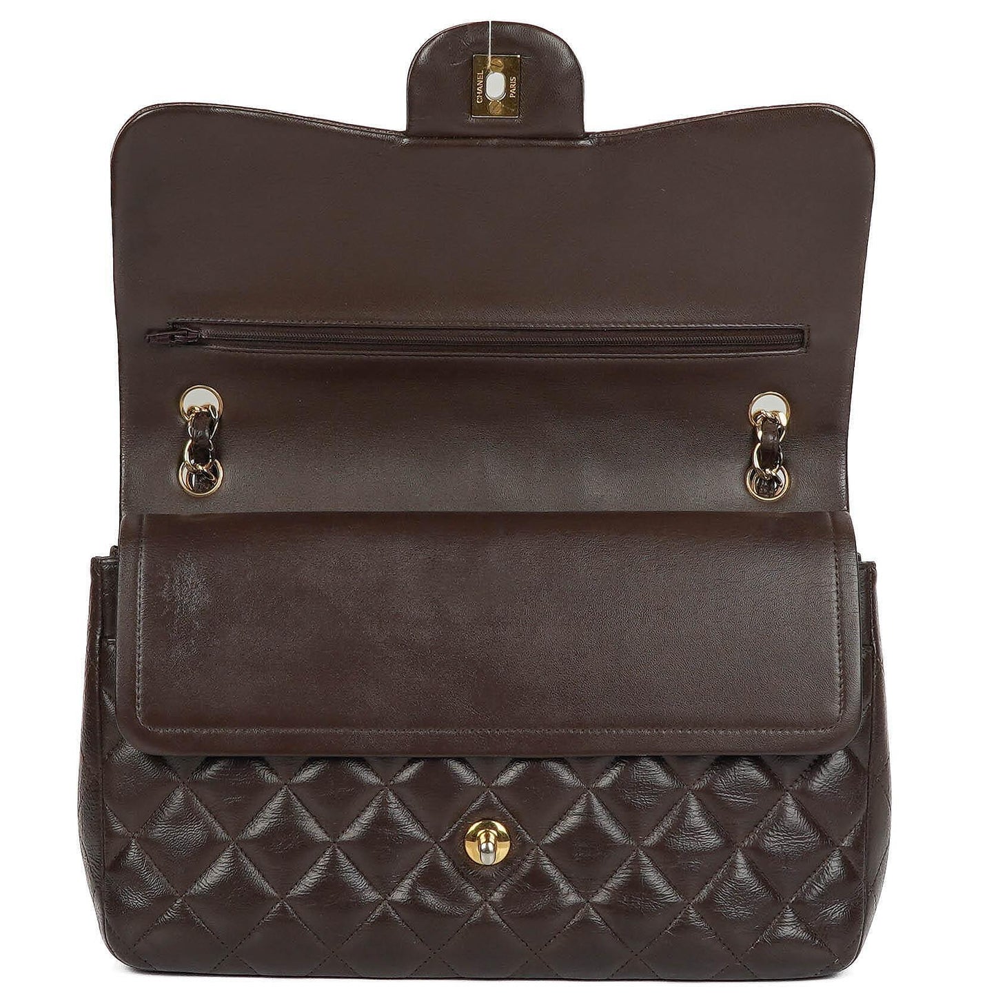 Chanel Jumbo Classic Double Flap Tasche aus braunem gestepptem Lammleder mit vergoldeter Hardware