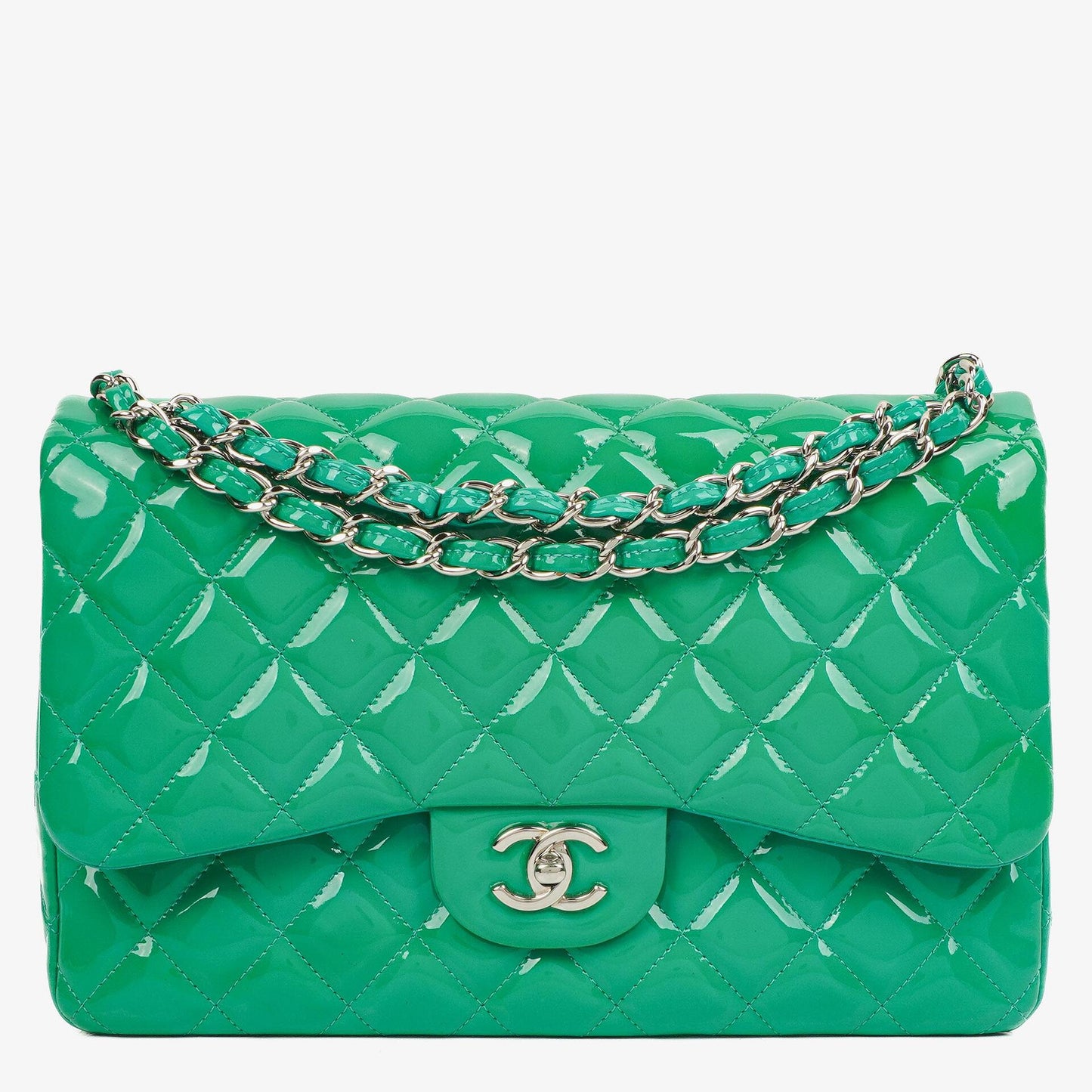 Chanel Jumbo Classic Double Flap Tasche aus türkisfarbenem gestepptem Patentleder mit silberfarbener Hardware