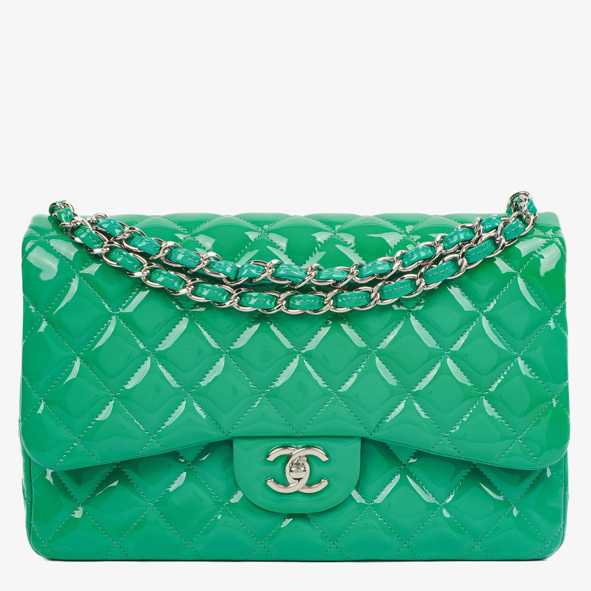 Chanel Jumbo Classic Double Flap Tasche aus türkisfarbenem gestepptem Patentleder mit silberfarbener Hardware