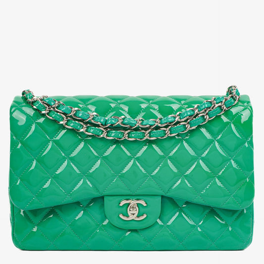 Chanel Jumbo Classic Double Flap Tasche aus türkisfarbenem gestepptem Patentleder mit silberfarbener Hardware