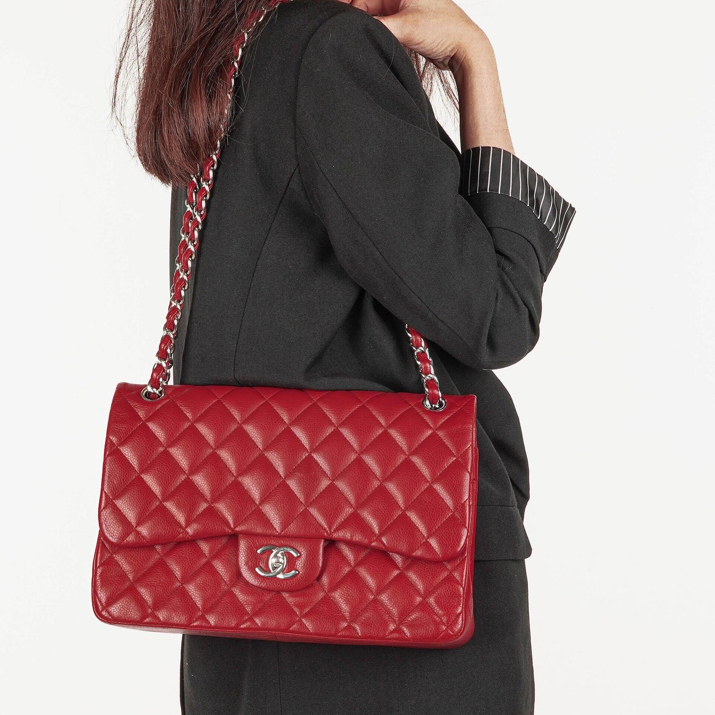 Chanel Jumbo Classic Double Flap Tasche aus rotem gestepptem Caviar-Leder mit silberfarbener Hardware