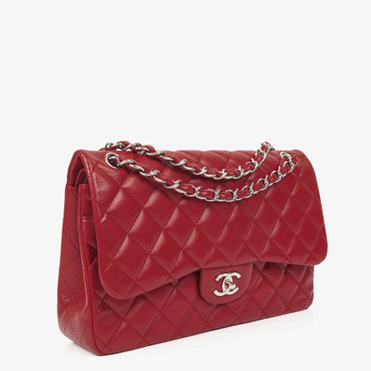 Chanel Jumbo Classic Double Flap Tasche aus rotem gestepptem Caviar-Leder mit silberfarbener Hardware