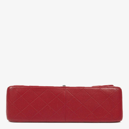 Chanel Jumbo Classic Double Flap Tasche aus rotem gestepptem Caviar-Leder mit silberfarbener Hardware