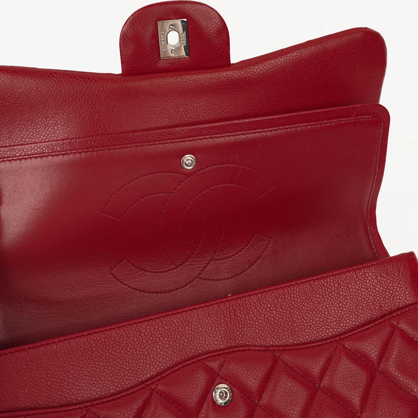 Chanel Jumbo Classic Double Flap Tasche aus rotem gestepptem Caviar-Leder mit silberfarbener Hardware