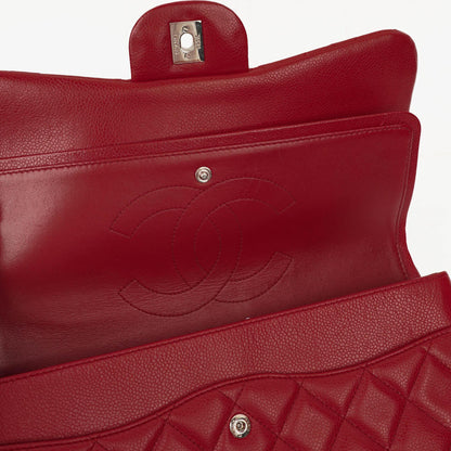 Chanel Jumbo Classic Double Flap Tasche aus rotem gestepptem Caviar-Leder mit silberfarbener Hardware