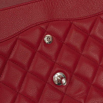 Chanel Jumbo Classic Double Flap Tasche aus rotem gestepptem Caviar-Leder mit silberfarbener Hardware