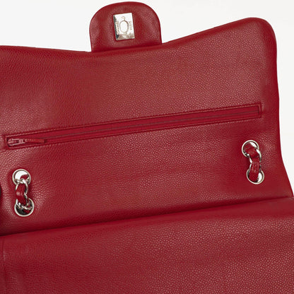 Chanel Jumbo Classic Double Flap Tasche aus rotem gestepptem Caviar-Leder mit silberfarbener Hardware