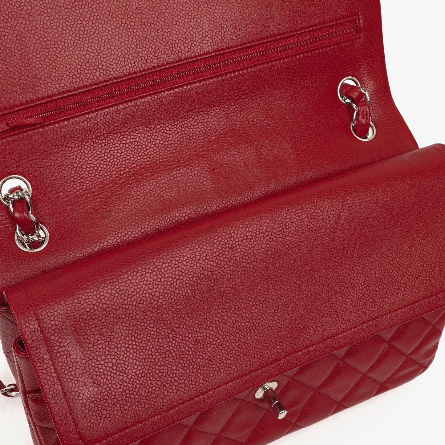 Chanel Jumbo Classic Double Flap Tasche aus rotem gestepptem Caviar-Leder mit silberfarbener Hardware
