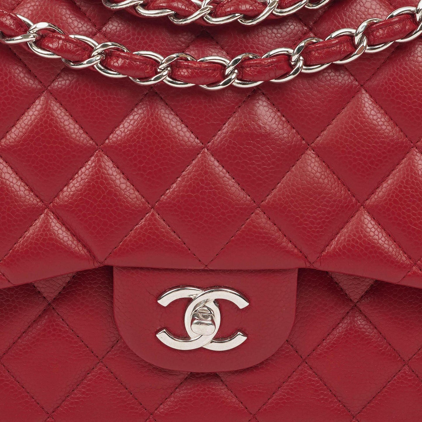 Chanel Jumbo Classic Double Flap Tasche aus rotem gestepptem Caviar-Leder mit silberfarbener Hardware
