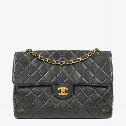 Chanel Jumbo Classic Single Flap Tasche aus schwarzem gestepptem Lammleder mit 24K vergoldeten Beschlägen