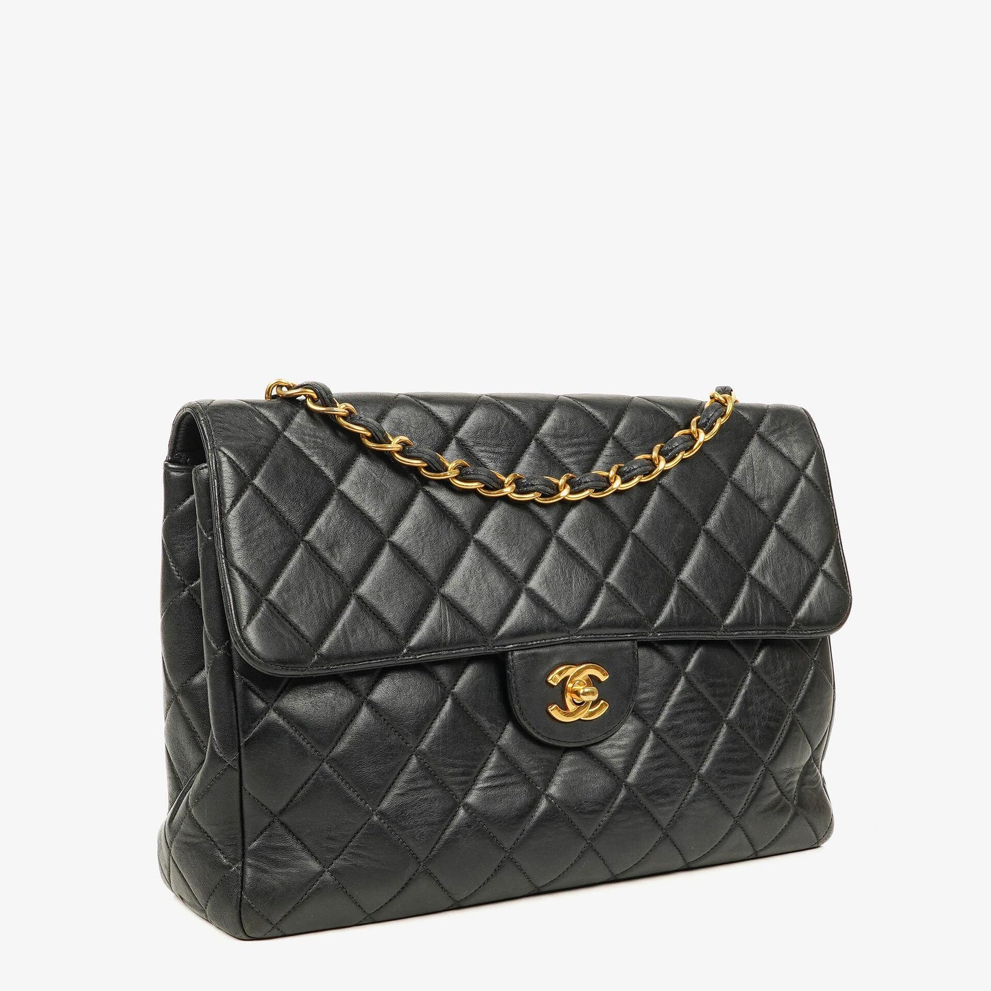Chanel Jumbo Classic Single Flap Tasche aus schwarzem gestepptem Lammleder mit 24K vergoldeten Beschlägen
