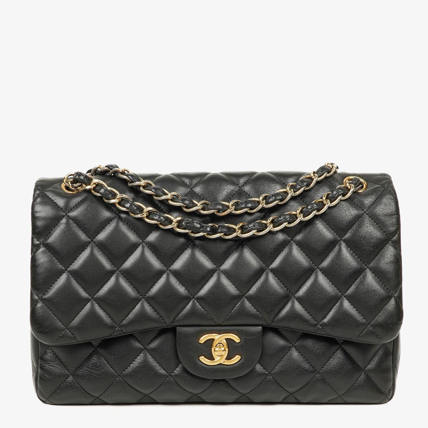 Chanel Jumbo Classic Single Flap Tasche aus schwarzem gestepptem Lammleder mit goldfarbenen Beschlägen
