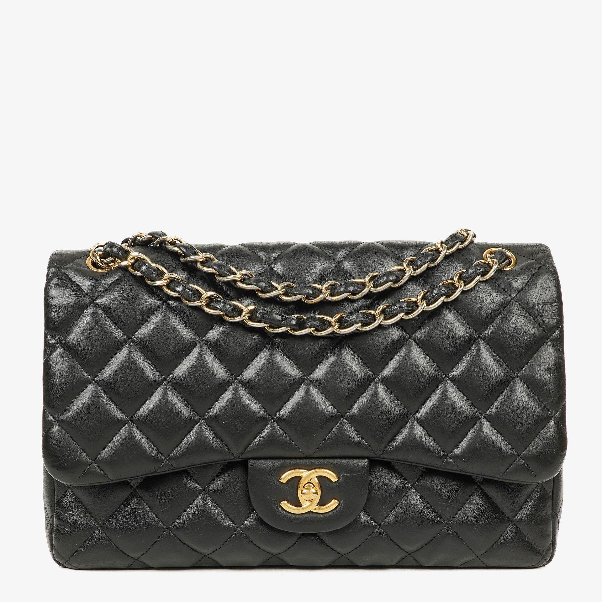 Chanel Jumbo Classic Single Flap Tasche aus schwarzem gestepptem Lammleder mit goldfarbenen Beschlägen