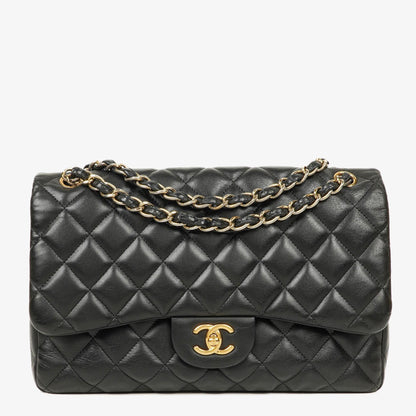 Chanel Jumbo Classic Single Flap Tasche aus schwarzem gestepptem Lammleder mit goldfarbenen Beschlägen