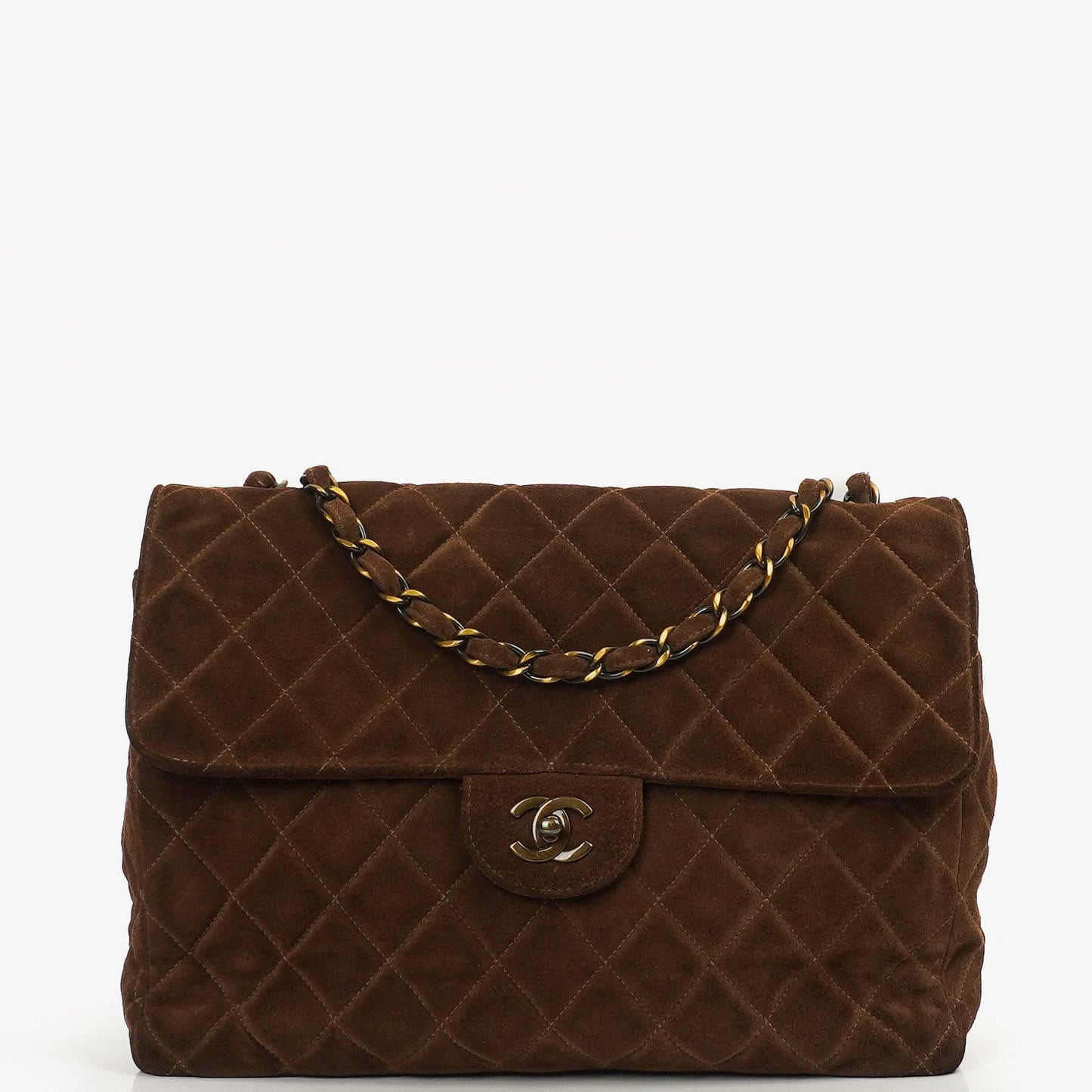 Chanel Jumbo Klassische Einzelklappen Tasche Braune Gequiltete Wildleder Mit Alter Goldbeschichtetem Zubehör