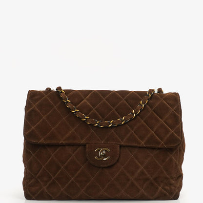 Chanel Jumbo Klassische Einzelklappen Tasche Braune Gequiltete Wildleder Mit Alter Goldbeschichtetem Zubehör