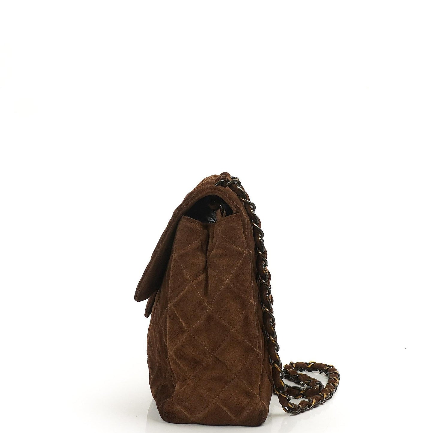 Chanel Jumbo Klassische Einzelklappen Tasche Braune Gequiltete Wildleder Mit Alter Goldbeschichtetem Zubehör