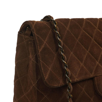 Chanel Jumbo Klassische Einzelklappen Tasche Braune Gequiltete Wildleder Mit Alter Goldbeschichtetem Zubehör