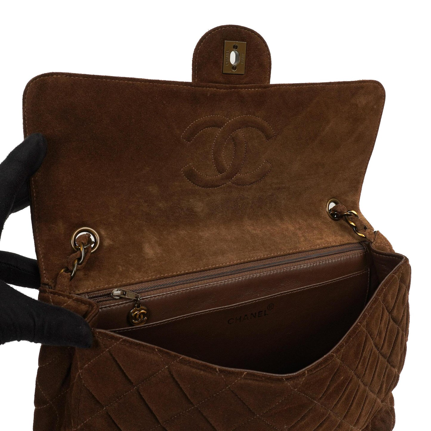 Chanel Jumbo Klassische Einzelklappen Tasche Braune Gequiltete Wildleder Mit Alter Goldbeschichtetem Zubehör