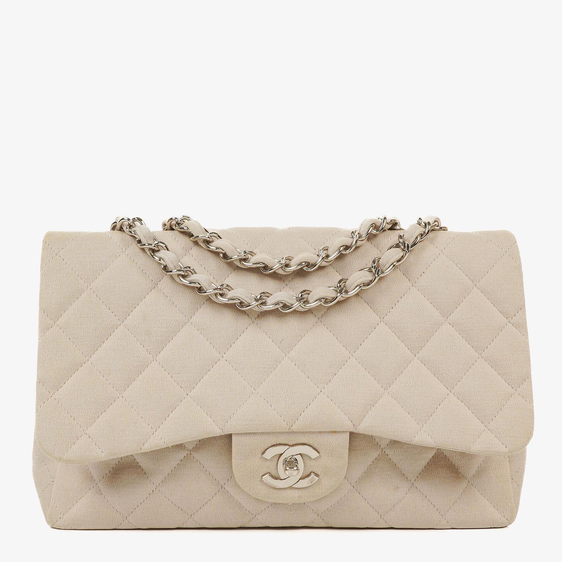 Chanel Jumbo Classic Single Flap Bag aus Jersey mit silberfarbenen Beschlägen