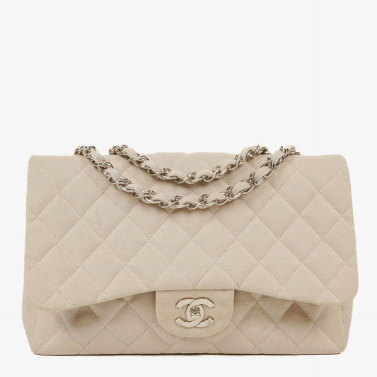 Chanel Jumbo Classic Single Flap Bag aus Jersey mit silberfarbenen Beschlägen